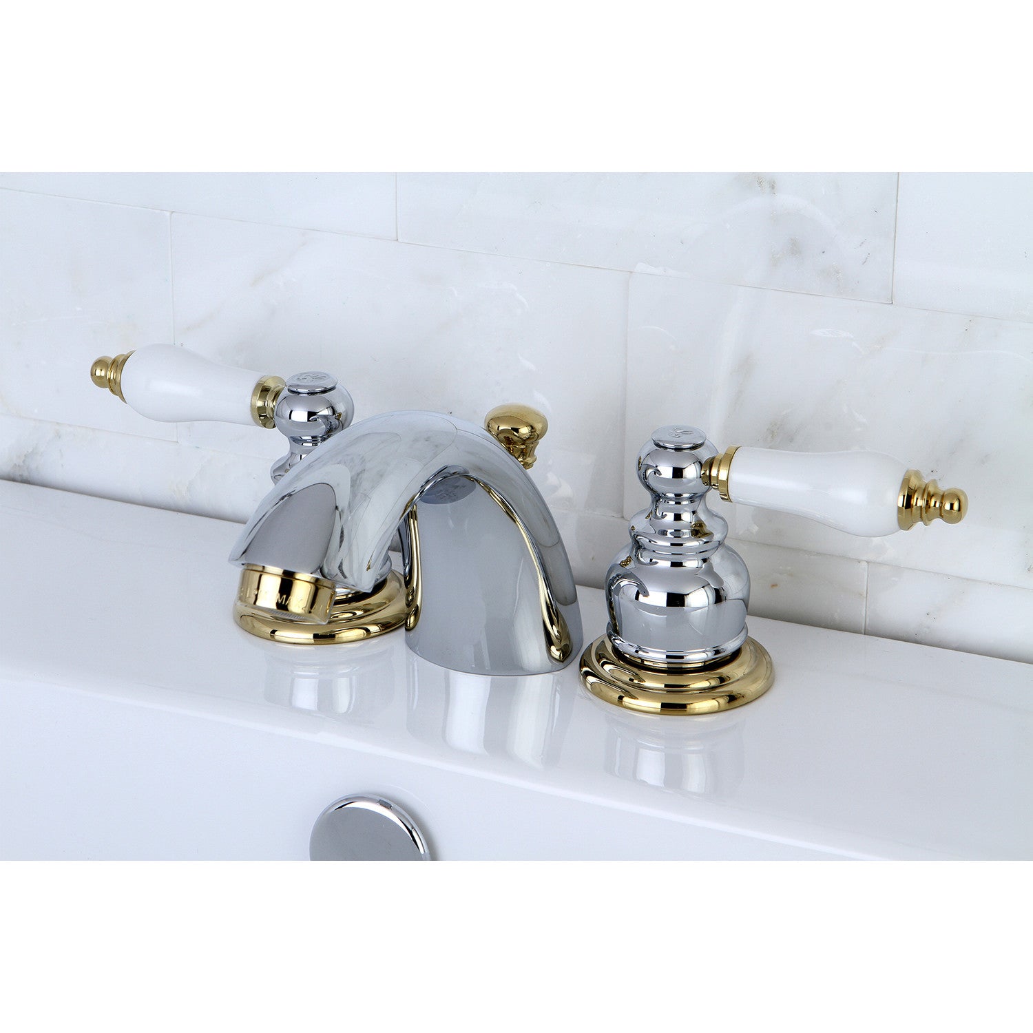 Kingston Heirloom KB944B - Victorian Two-Handle 3-Hole Deck Mount Mini-Widespread Bathroom Faucet with Pop-Up Drain, Polished Chrome/Polished Brass — thumbnail 2